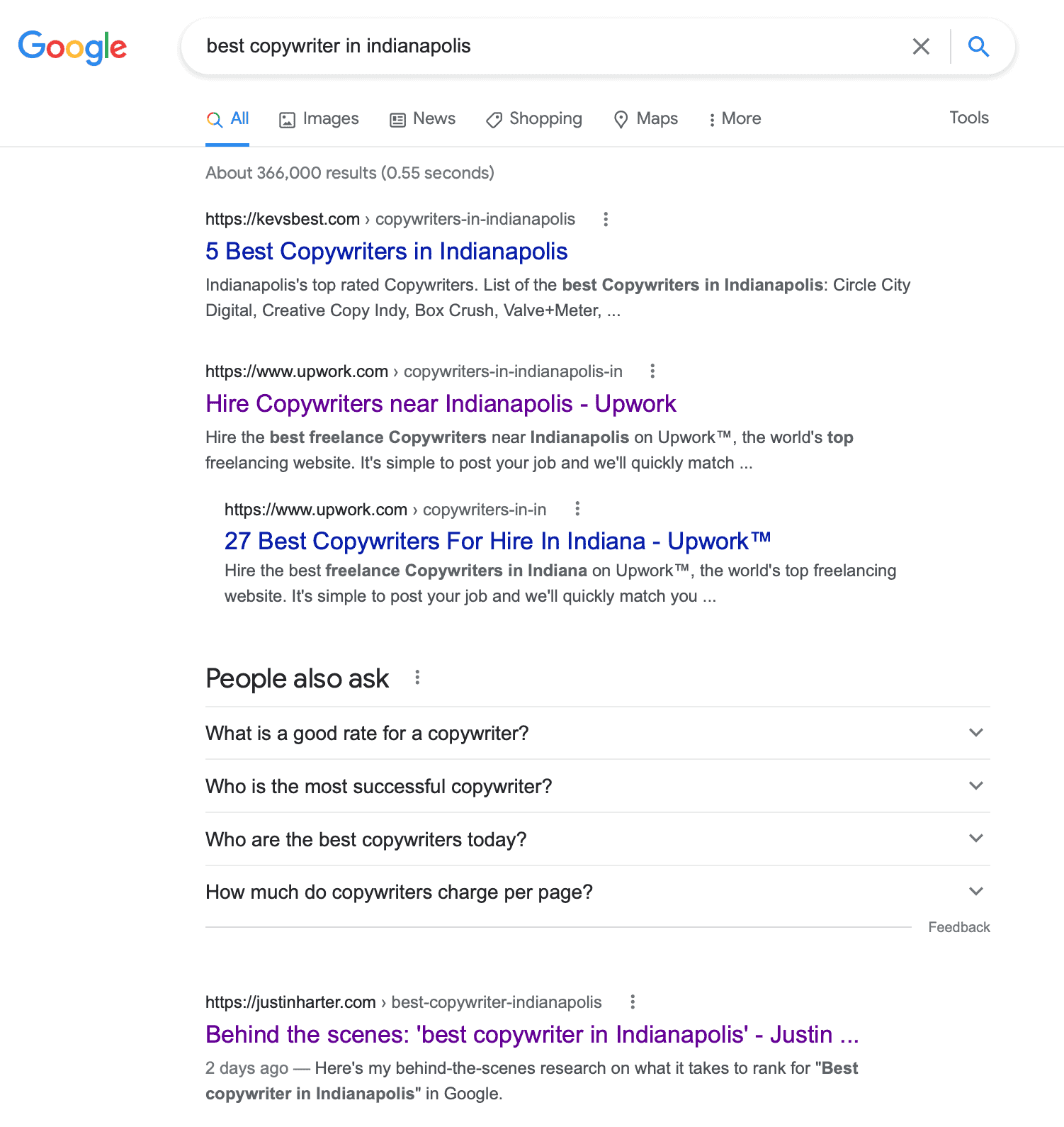 Best Copywriter in Indianapolis Google Search Results 