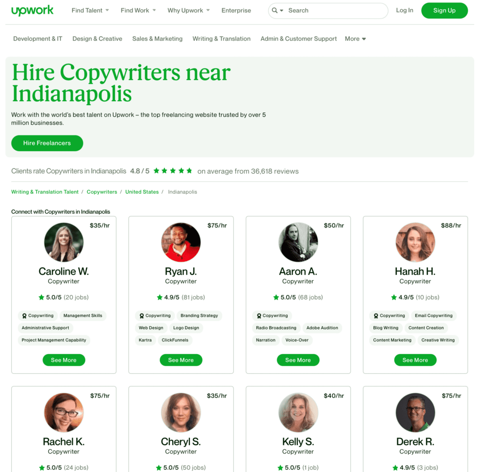 UpWork screenshot of Indianapolis copywriters