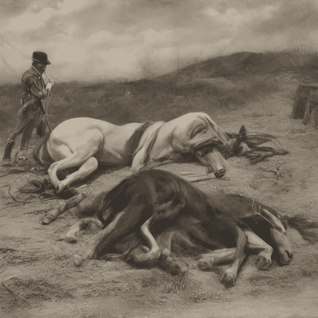 "A telegraph operator looks out over a dead pony on a dusty road".