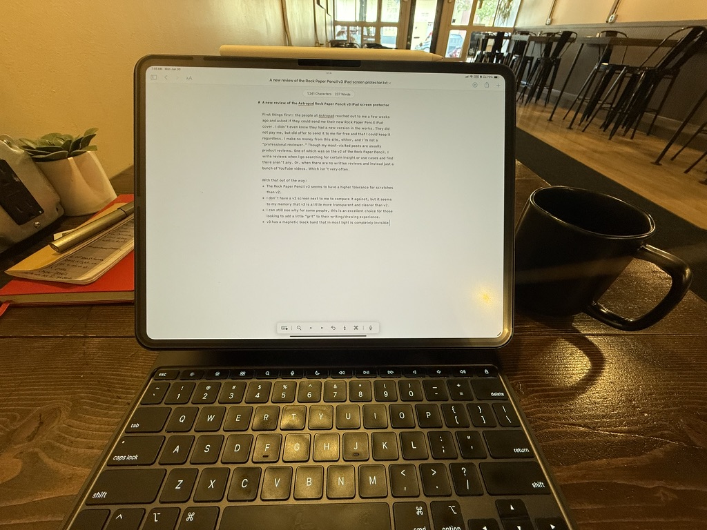A nanotexture iPad Pro 13" with the v3 Rock Paper Pencil cover.