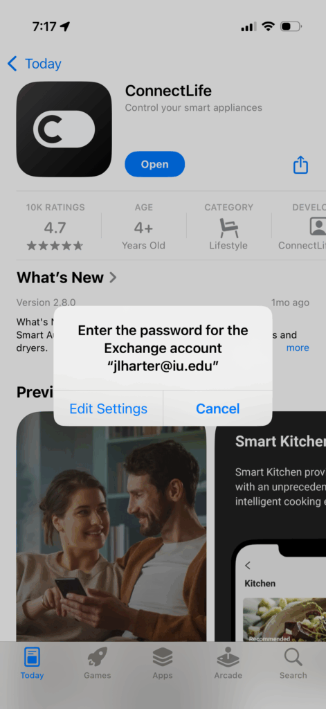 A screenshot of iOS with a dialog that reads "Enter the password for the Exchange account" and options to Edit Settings or Cancel