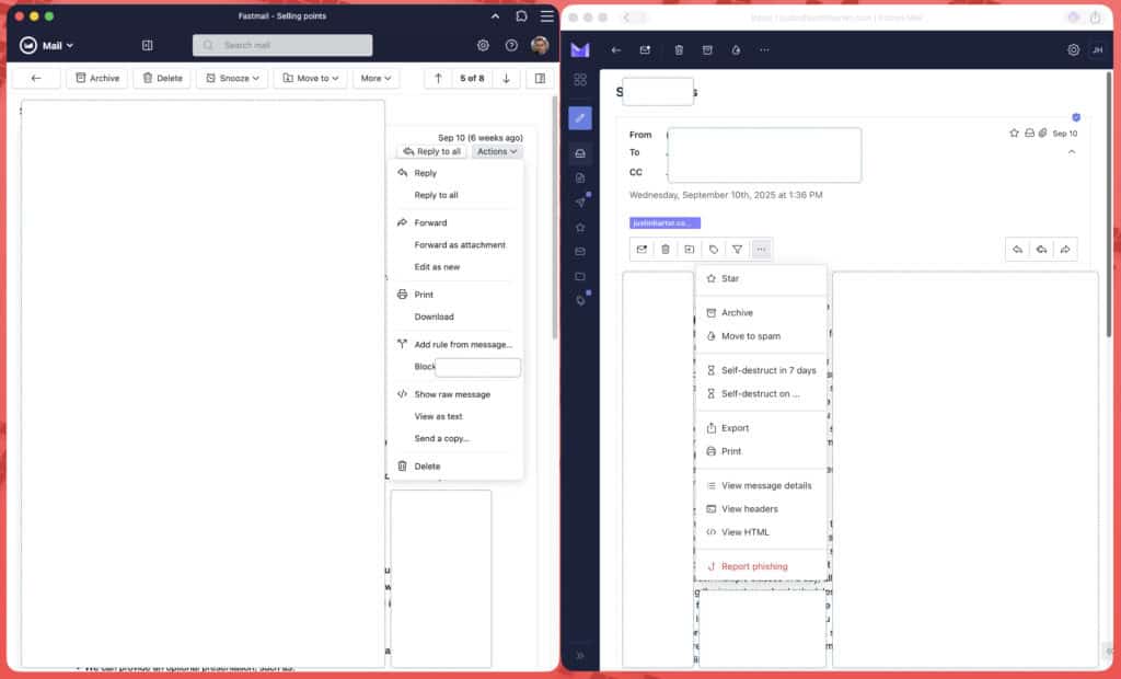 The Action menus in Fastmail and Proton