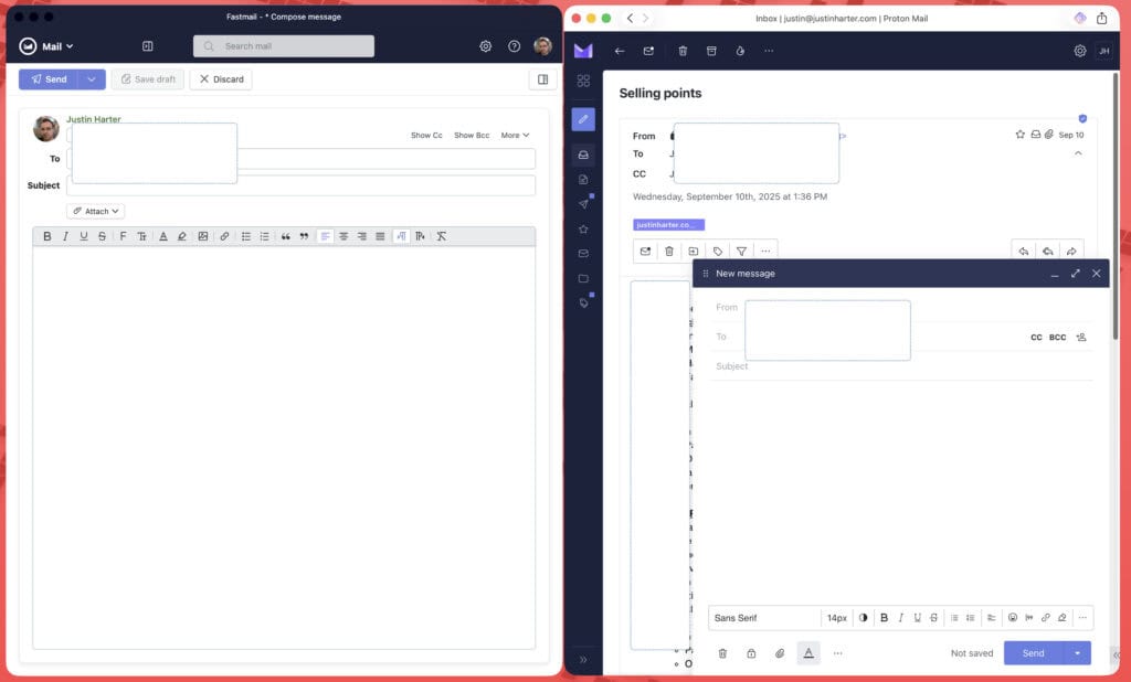 The compose windows of Fastmail (left) and Proton (right). Fastmail is very limited.